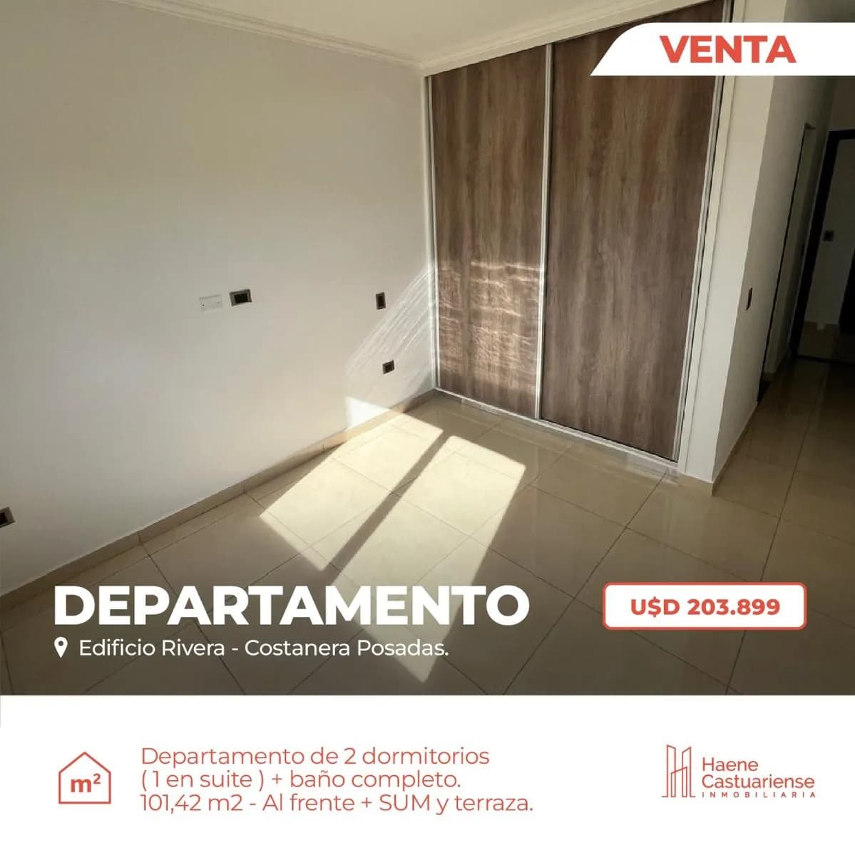 Departamento de Dos Dormitorios en Venta sobre Costanera