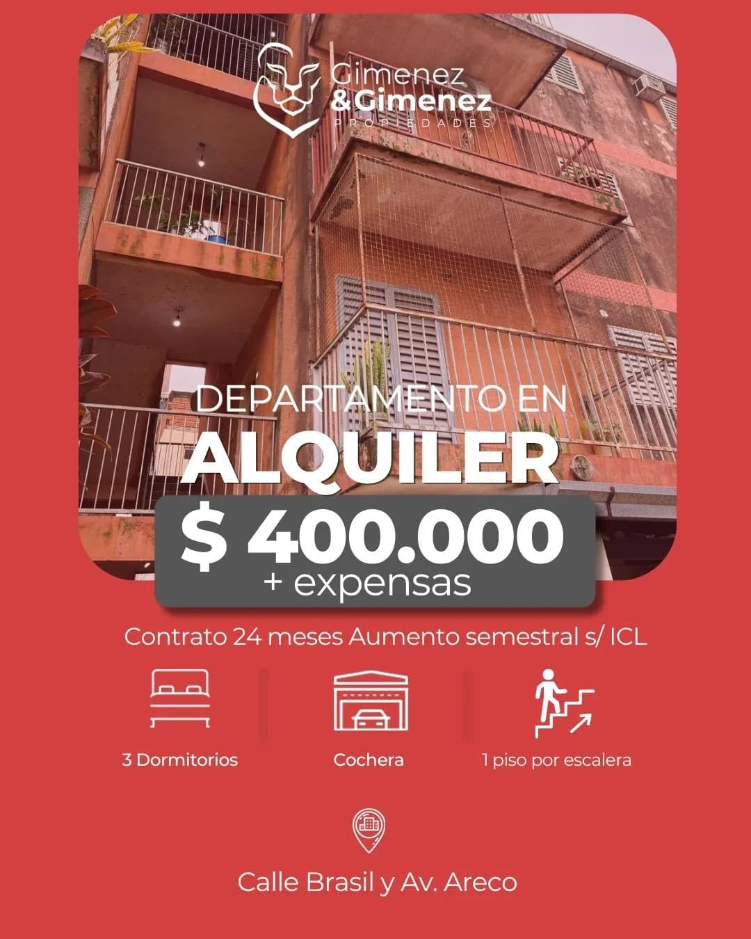 ALQUILER DEPARTAMENTO DE 3 DORMITORIOS EN ALQUILER – ZONA URQUIZA Y ARECO