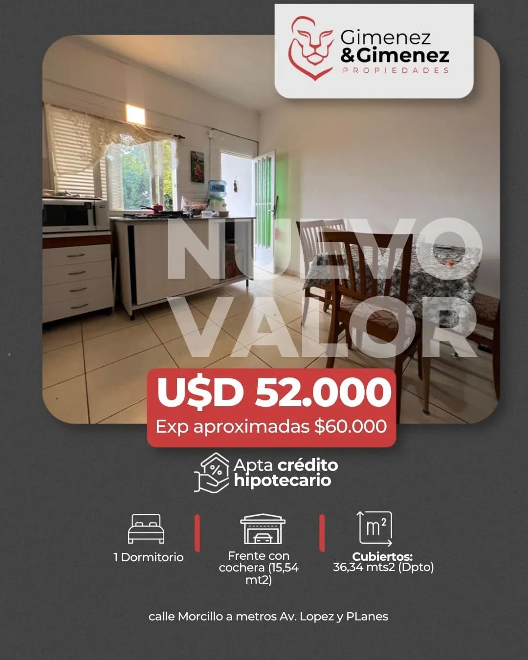 Dpto. 1 dorm + Cochera, en venta s/ Morcillo a mts. de Av. López y Planes