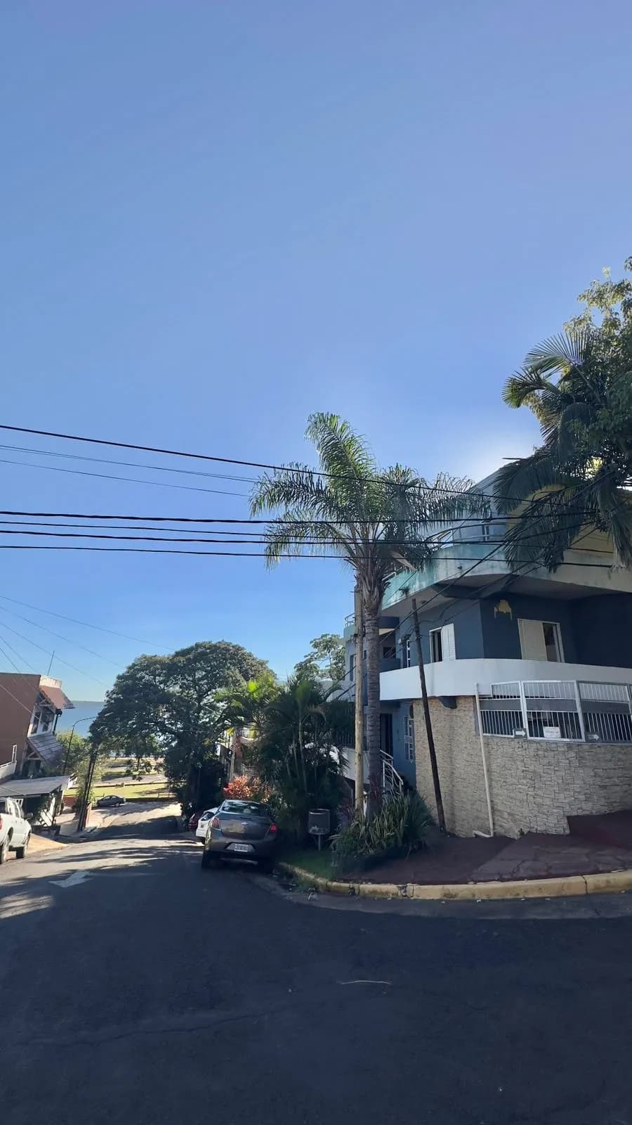 Casa azul en esquina con palmeras